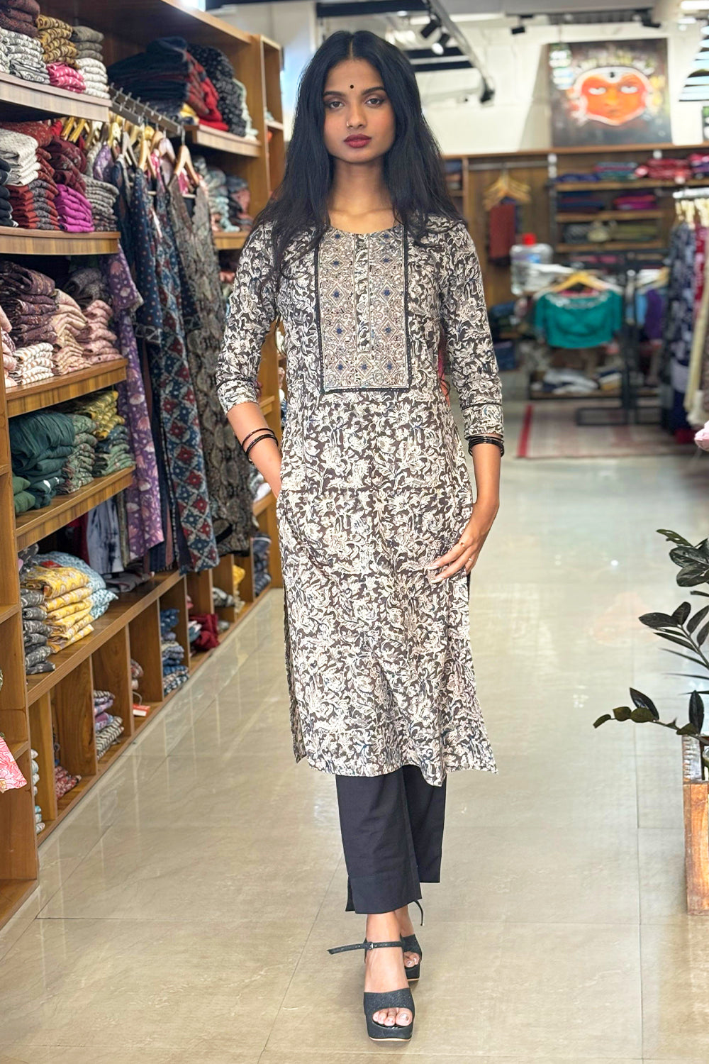 Black Kalamkari Kurti with Diamond Print Yoke