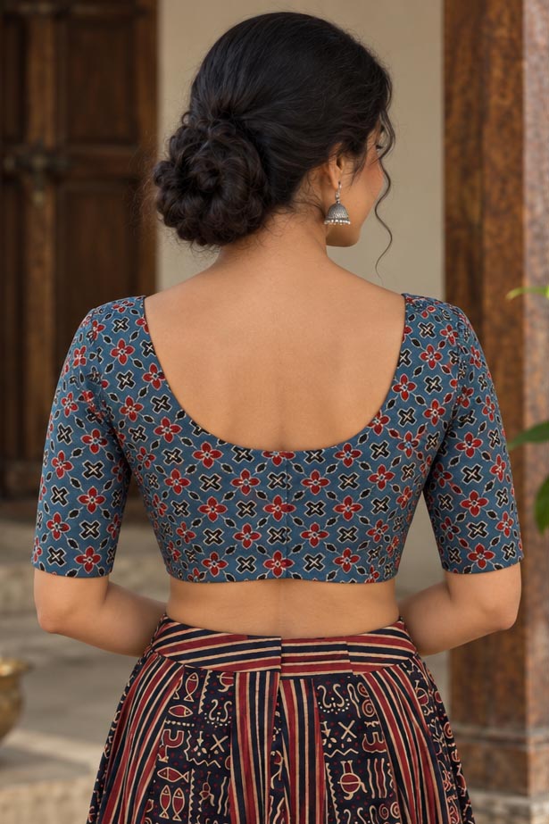 Blue Modal Slik Printed Blouse