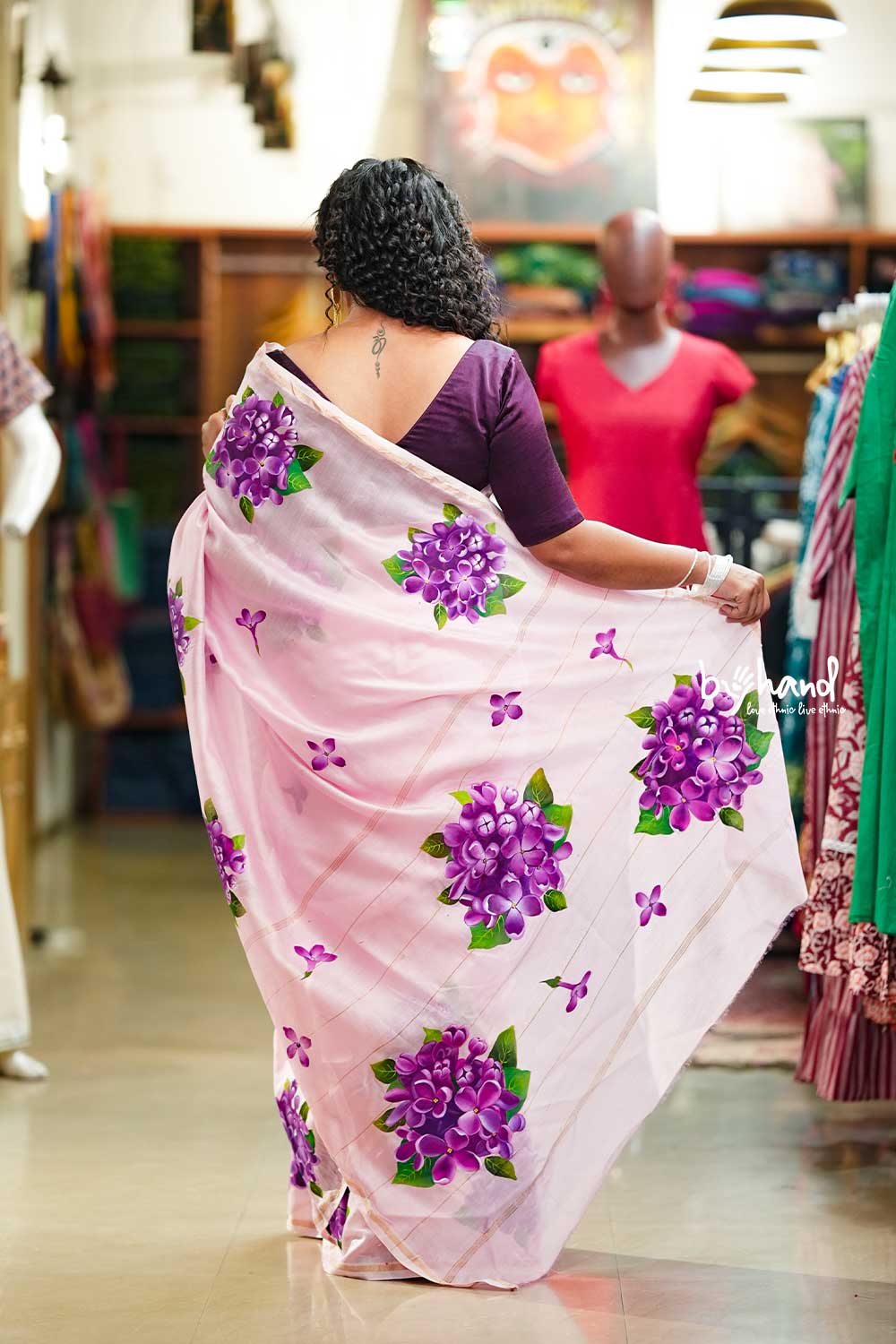Pink Saree With Purple Hydrangea flower Handpainted