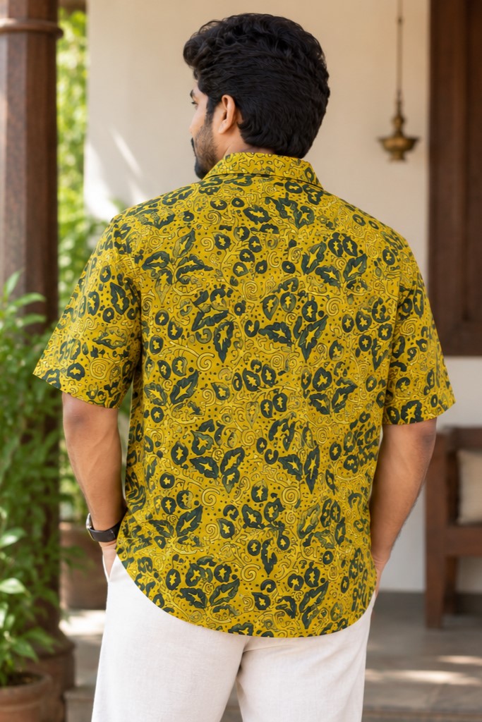 Yellow Base Flower & Creaper Print Modal Silk Shirt
