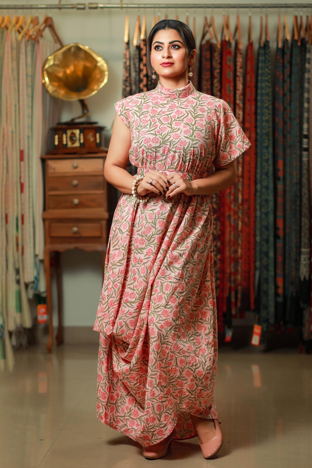 Peach Base Sanganeri Cowl Drape Long Dress