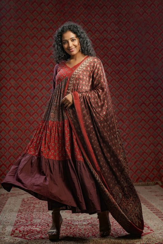 Red & Brown Alia cut Tiered Dress