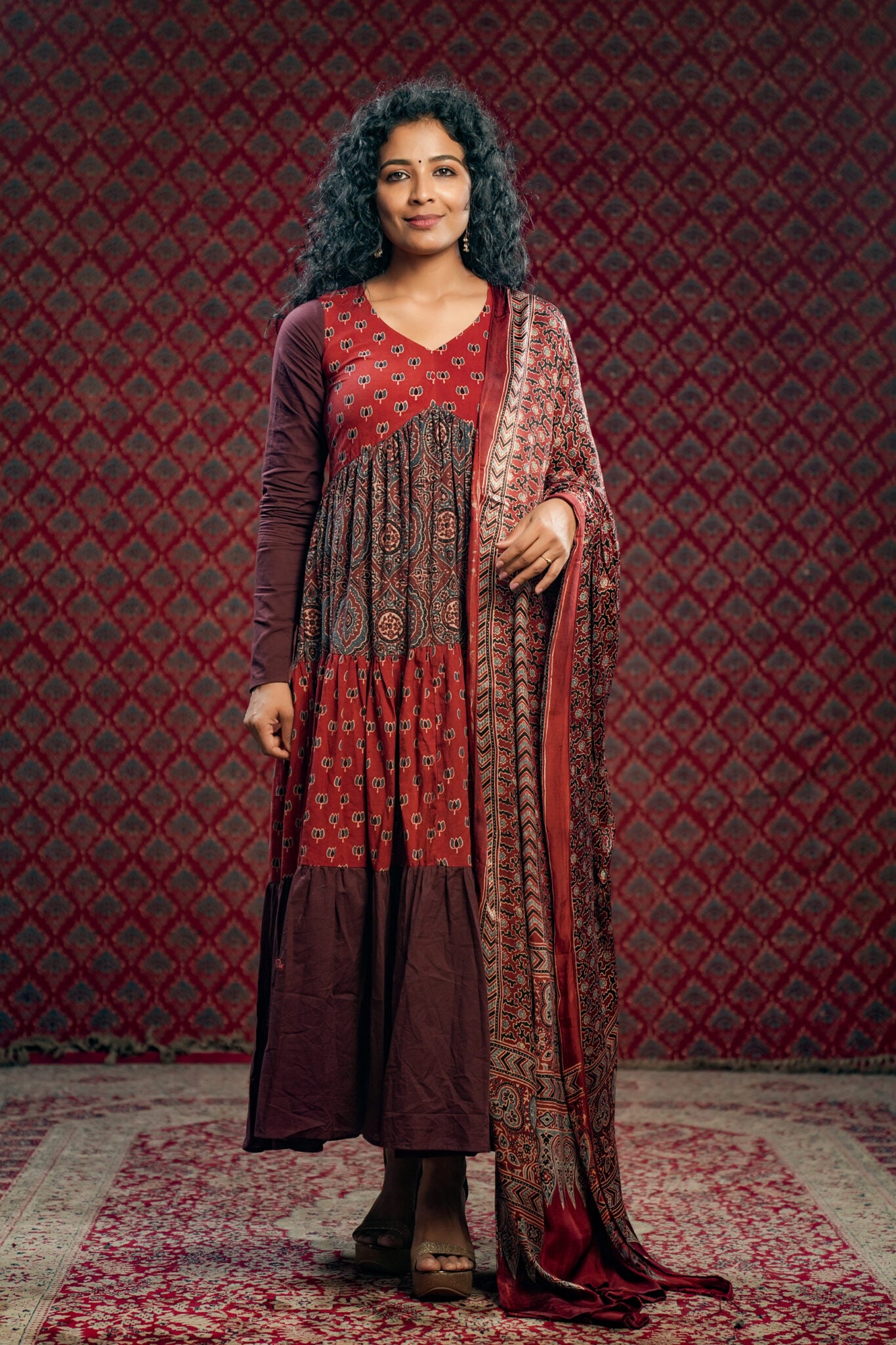 Red & Brown Alia cut Tiered Dress