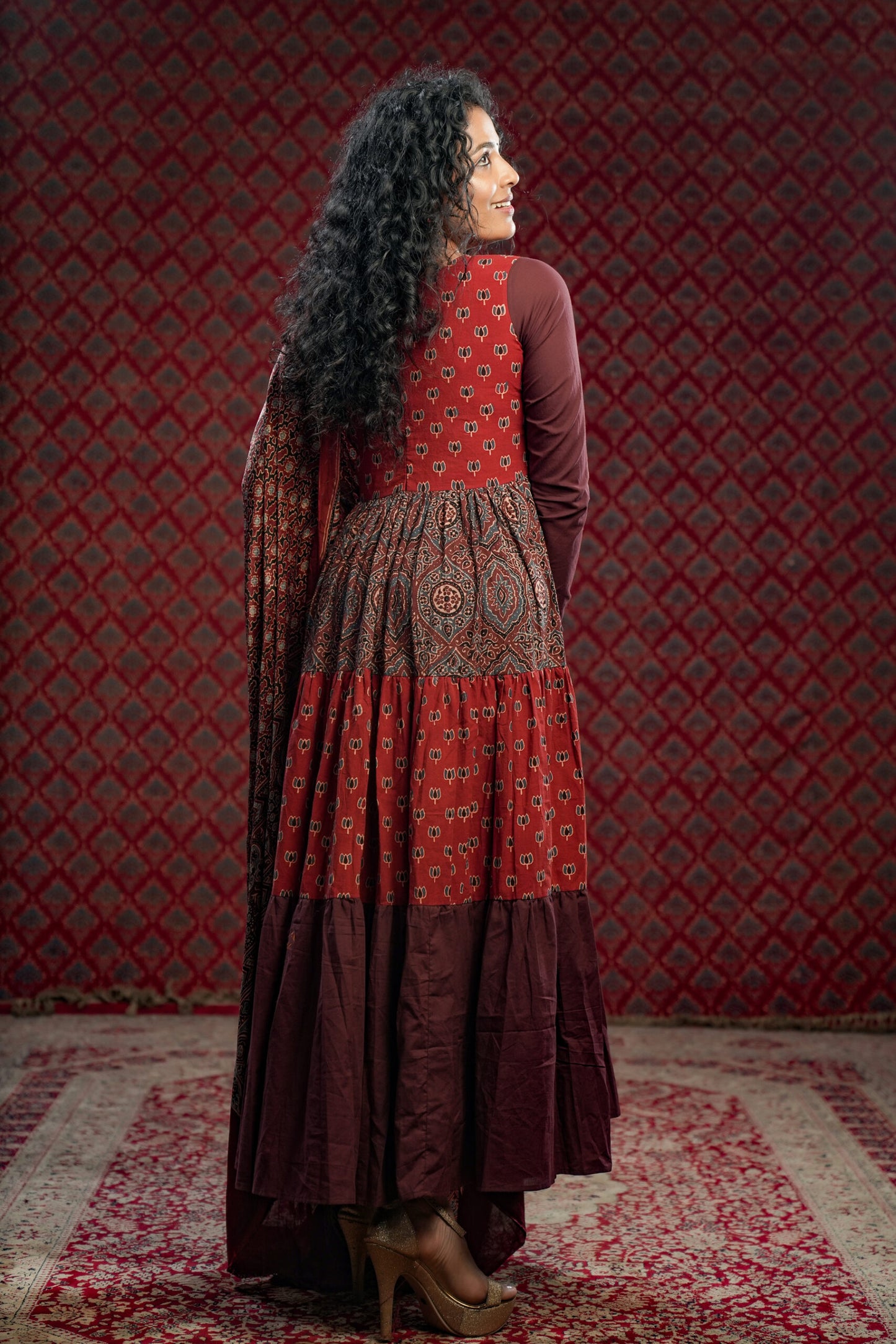 Red & Brown Alia cut Tiered Dress