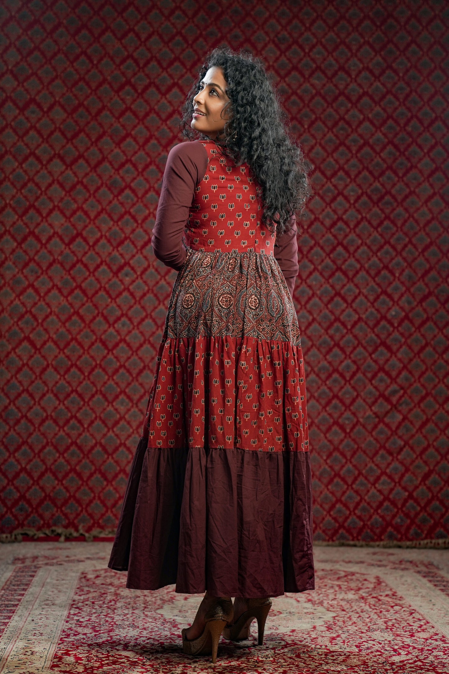 Red & Brown Alia cut Tiered Dress