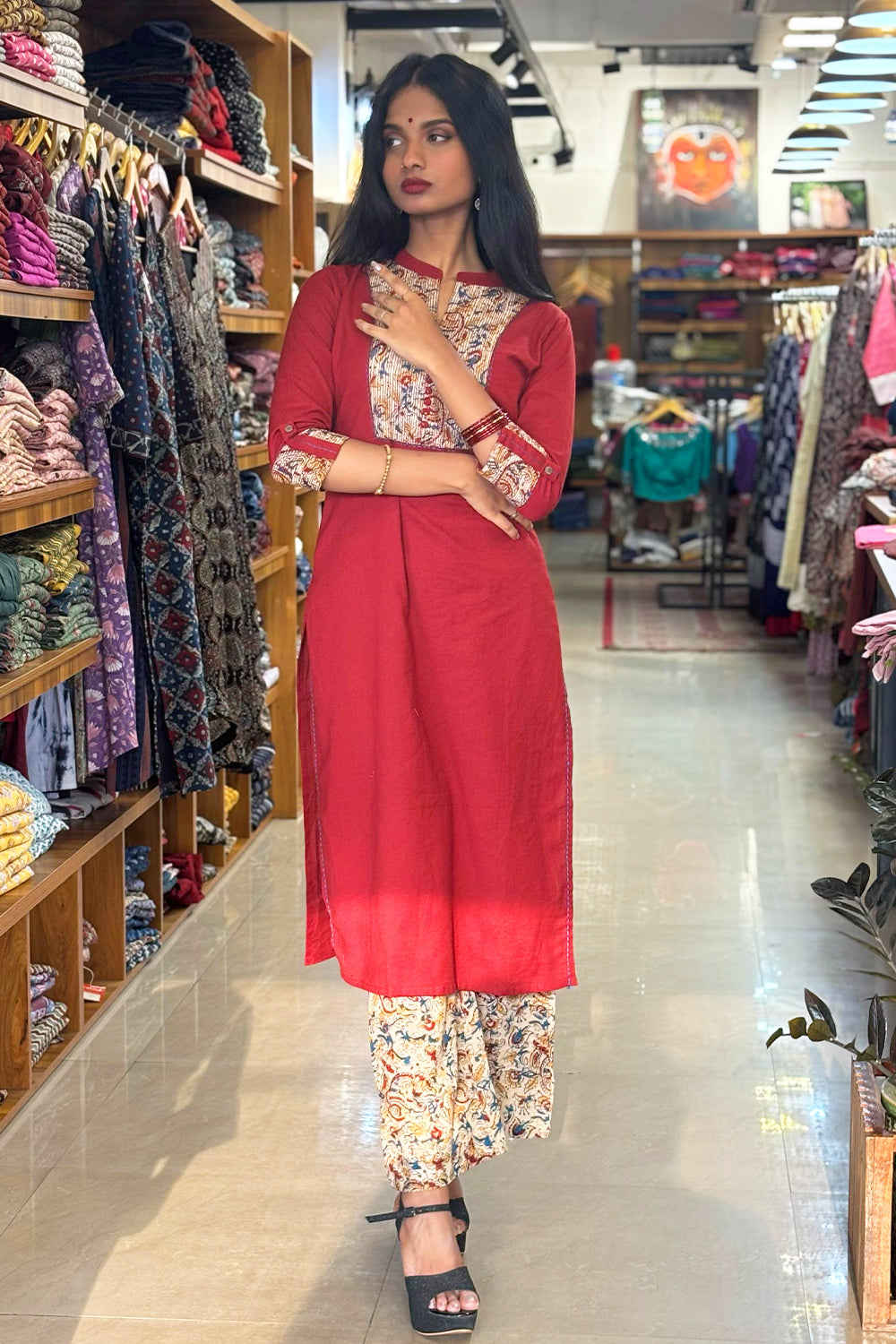 Red Base Kalamkari Kurthi Set