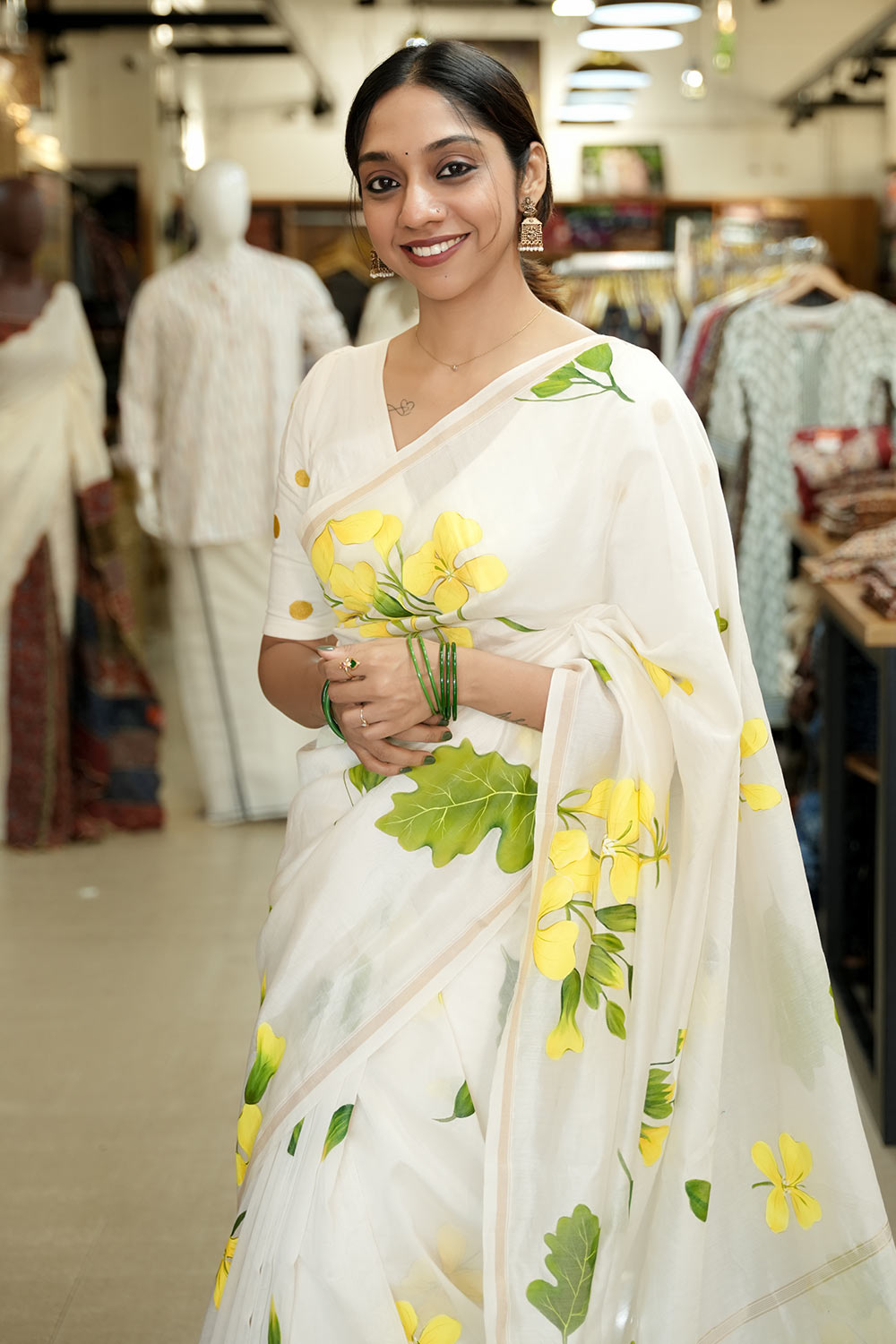 Mustard Flower Hand Painted Maheswari Silk Saree
