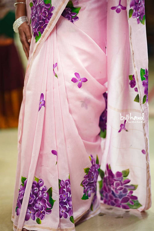 Pink Saree With Purple Hydrangea flower Handpainted