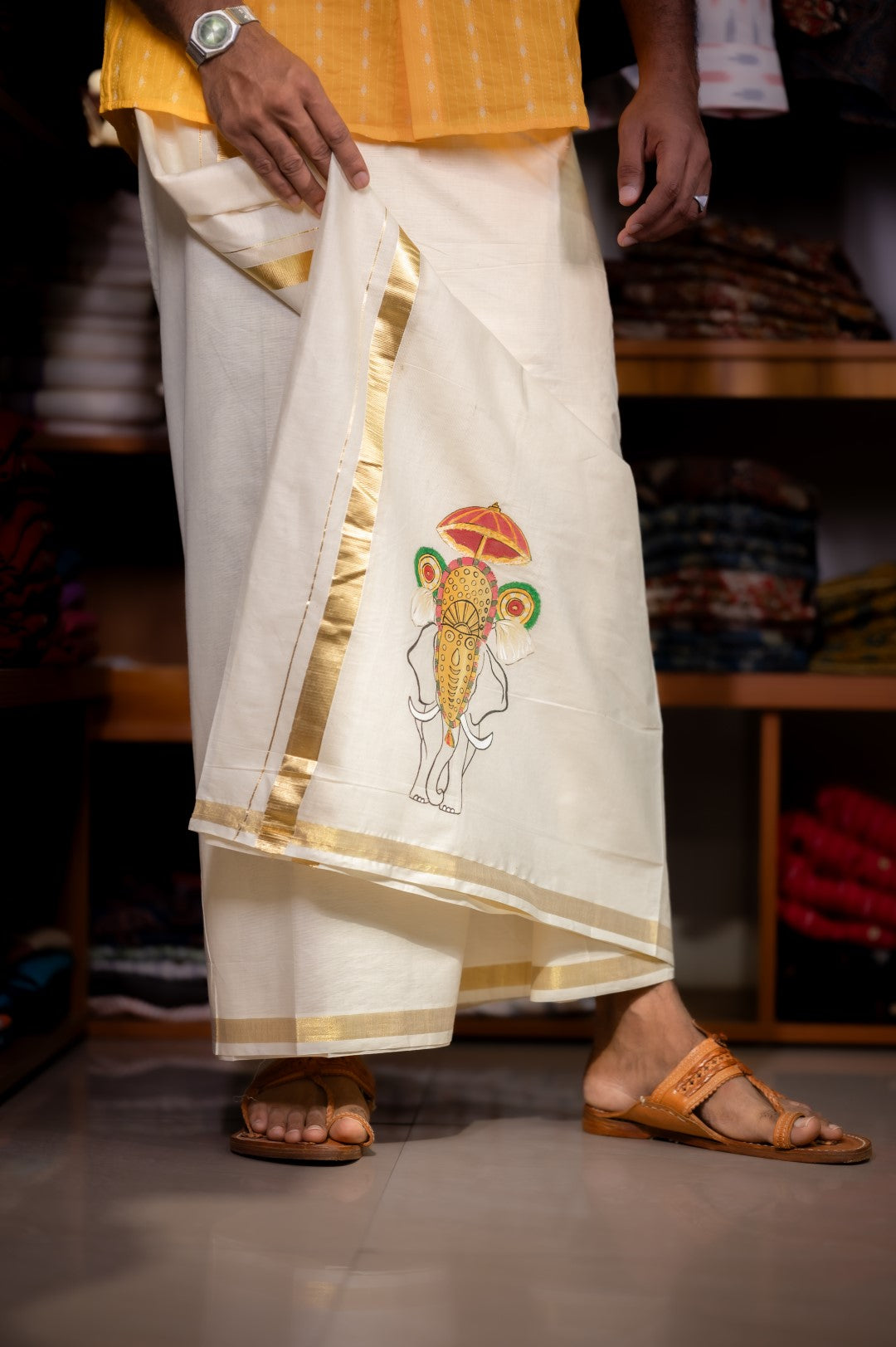 Off white Handpainted Nettipattam Dothi