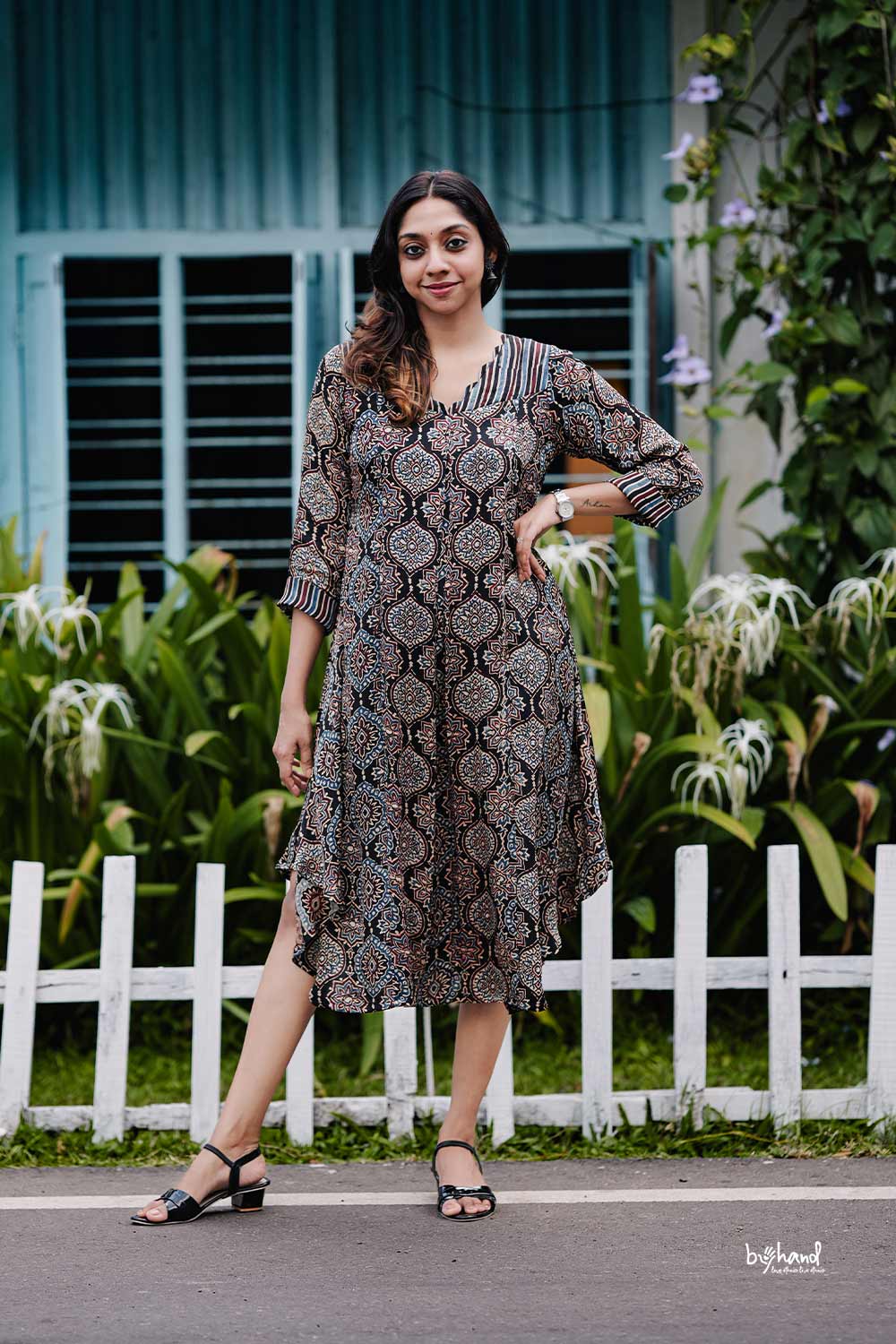 Ajrakh Printed Modal Silk Black Base Kurthi
