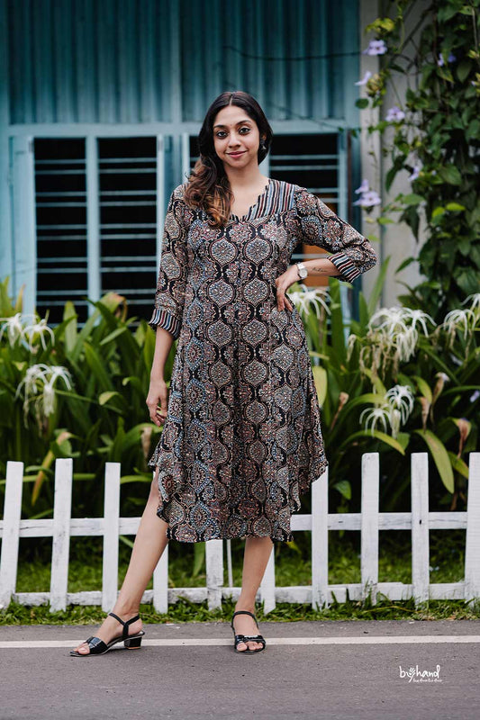 Ajrakh Printed Modal Silk Black Base Kurthi