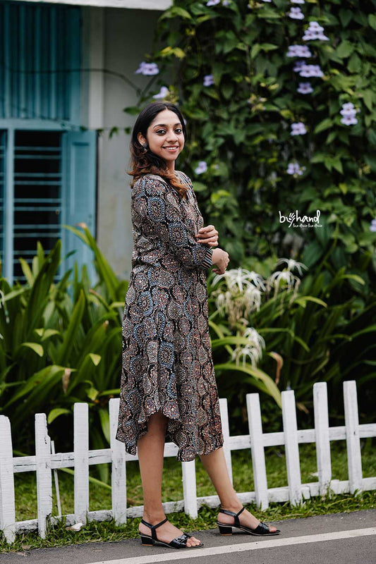 Ajrakh Printed Modal Silk Black Base Kurthi
