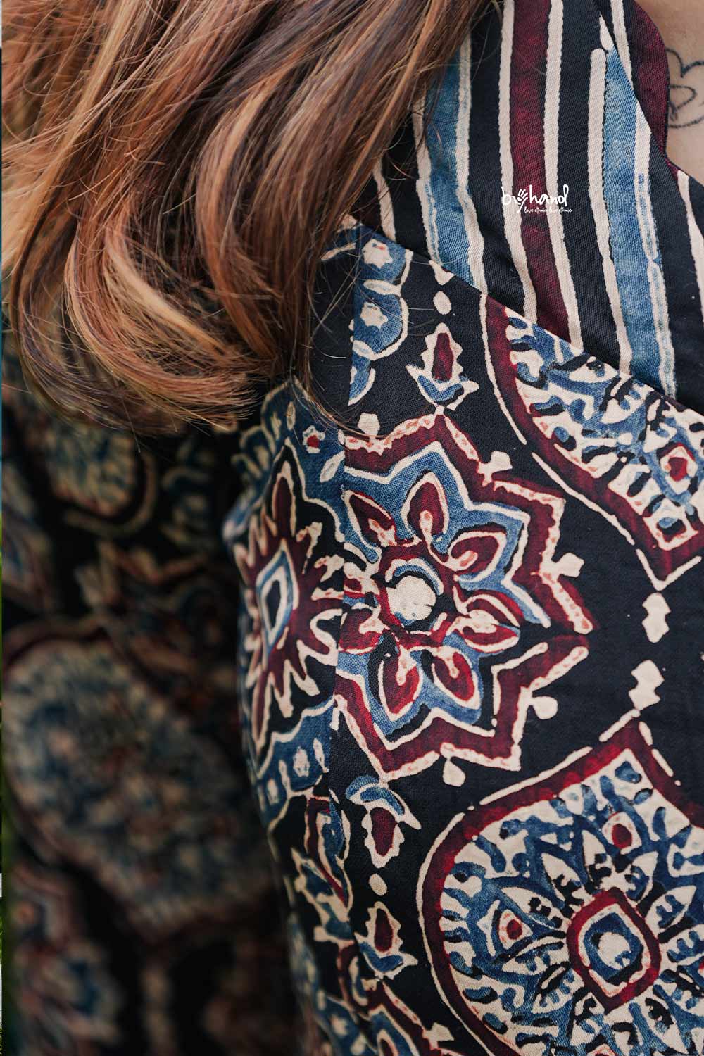 Ajrakh Printed Modal Silk Black Base Kurthi