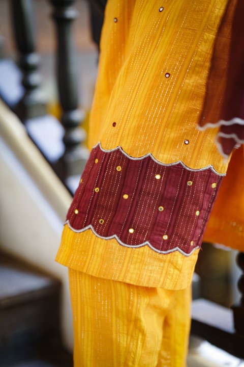 Yellow Ombre Kurthi set with Maroon Border