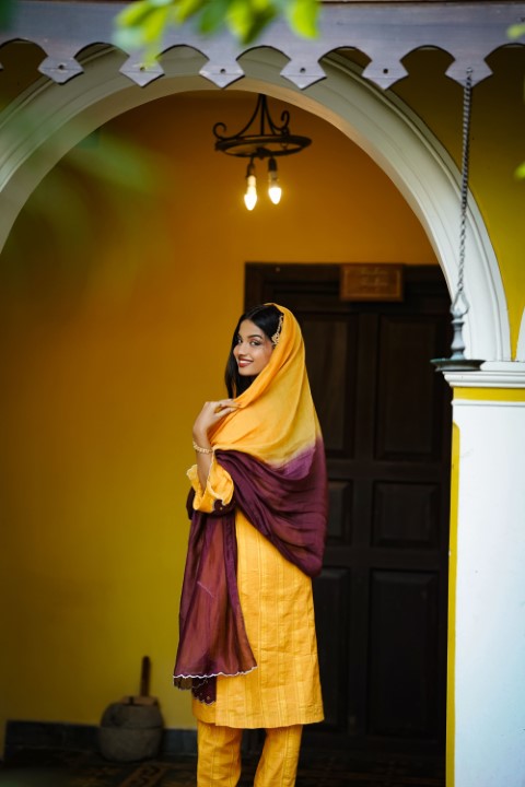 Yellow Ombre Kurthi set with Maroon Border