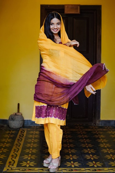Yellow & Maroon Ombre Chanderi Dupatta
