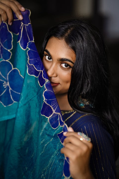 Light Blue Floral Hand Printed Dupatta