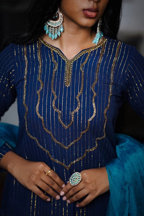 Blue Mahal Embroidery Yoke Neck Kurthi & Plain Pants