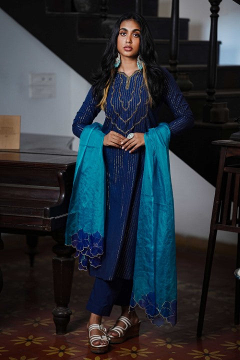 Blue Mahal Embroidery Yoke Neck Kurthi & Plain Pants