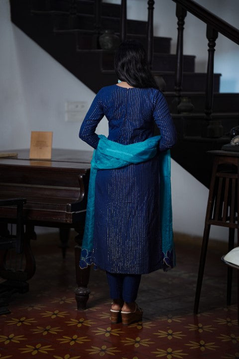 Blue Mahal Embroidery Yoke Neck Kurthi & Plain Pants