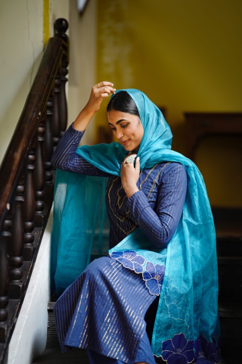 Blue Mahal Embroidery Yoke Neck Kurthi & Plain Pants