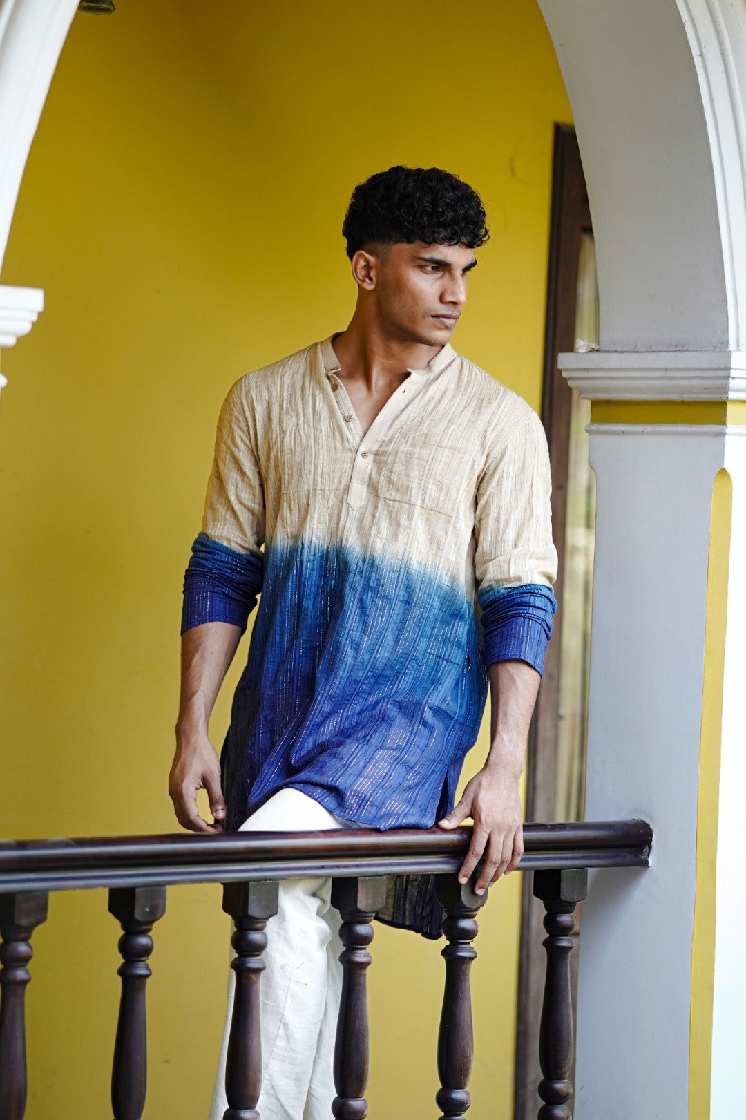 Beige & Blue Dyed Full Sleeve Long Kurtha