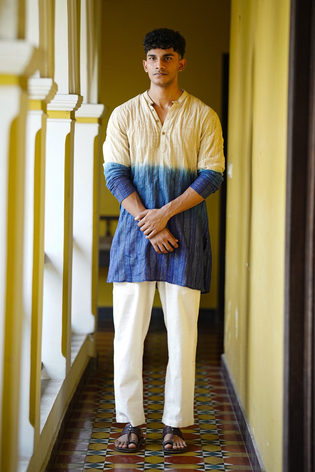 Beige & Blue Dyed Full Sleeve Long Kurtha