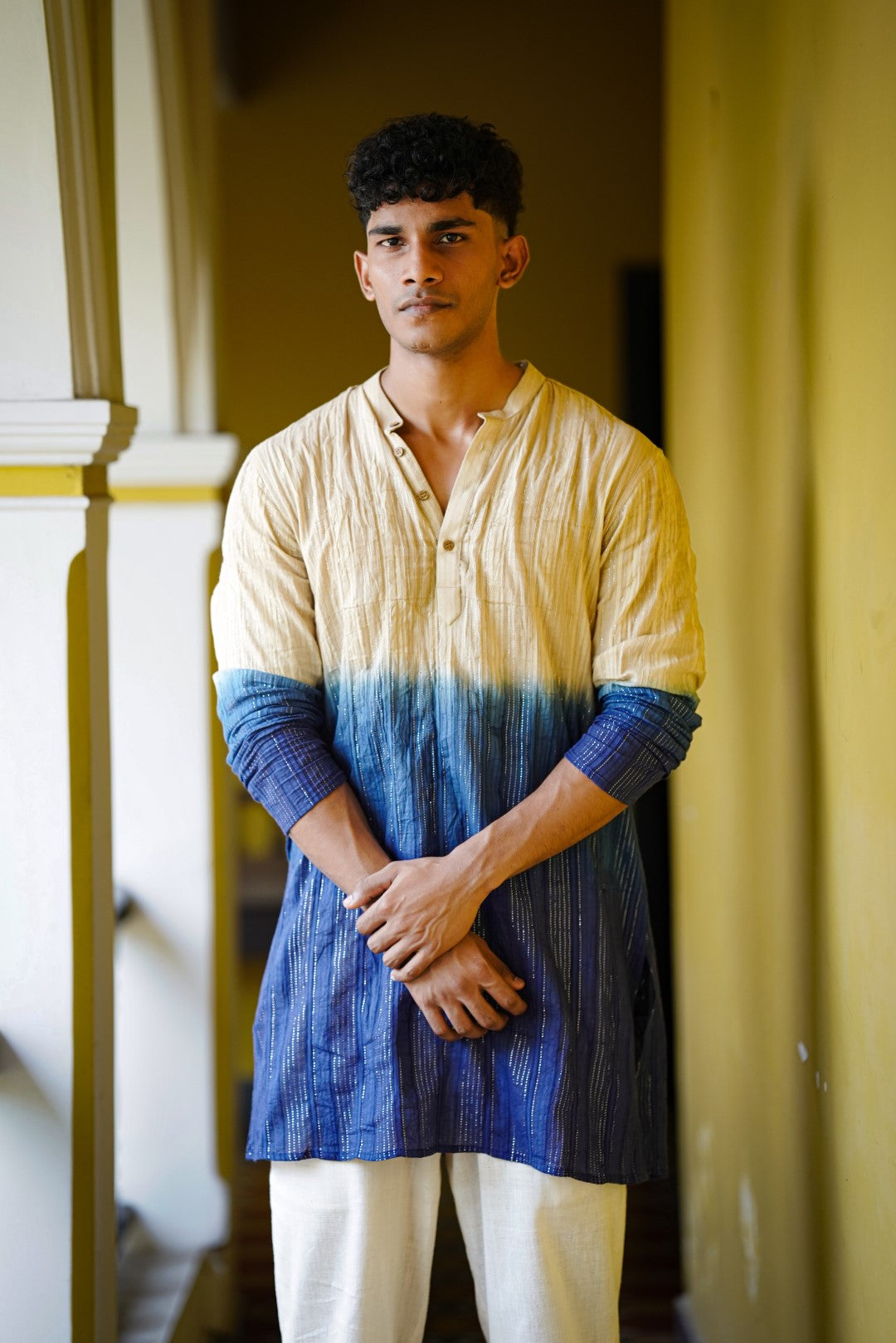 Beige & Blue Dyed Full Sleeve Long Kurtha