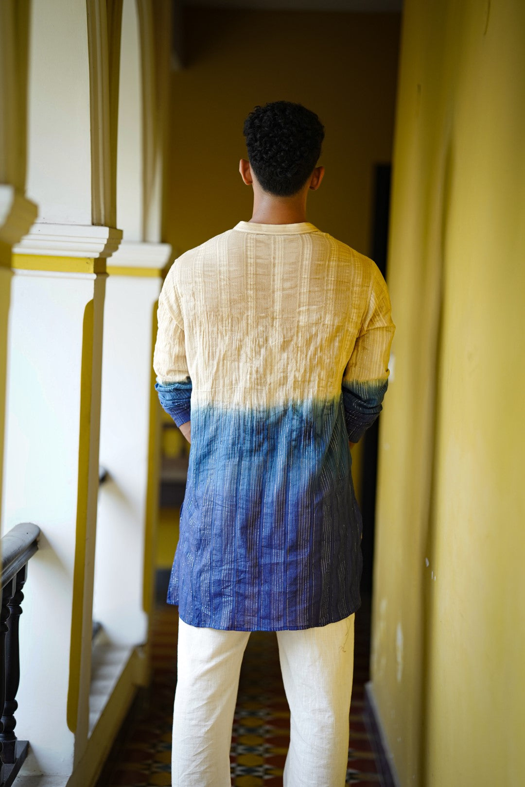 Beige & Blue Dyed Full Sleeve Long Kurtha