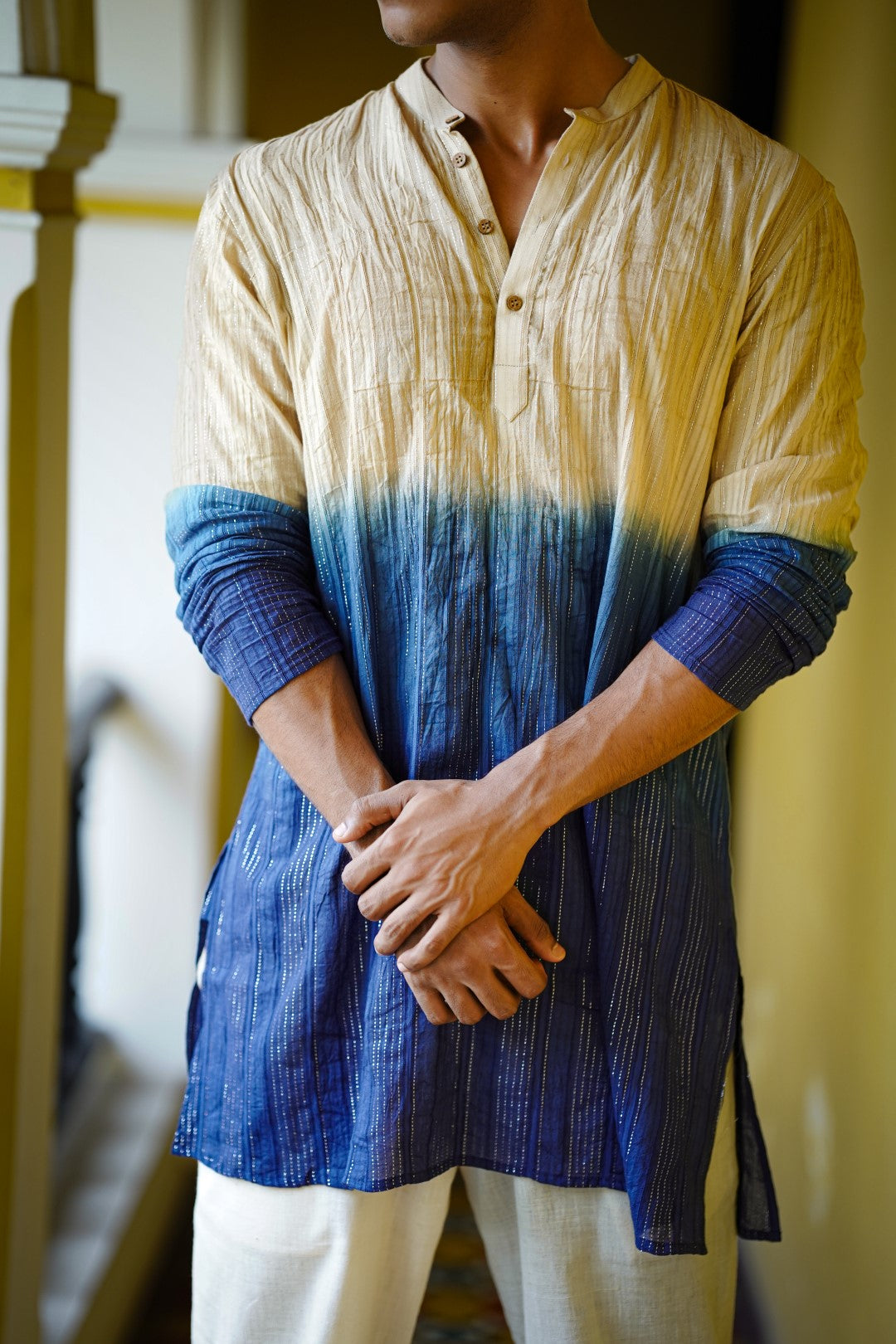 Beige & Blue Dyed Full Sleeve Long Kurtha