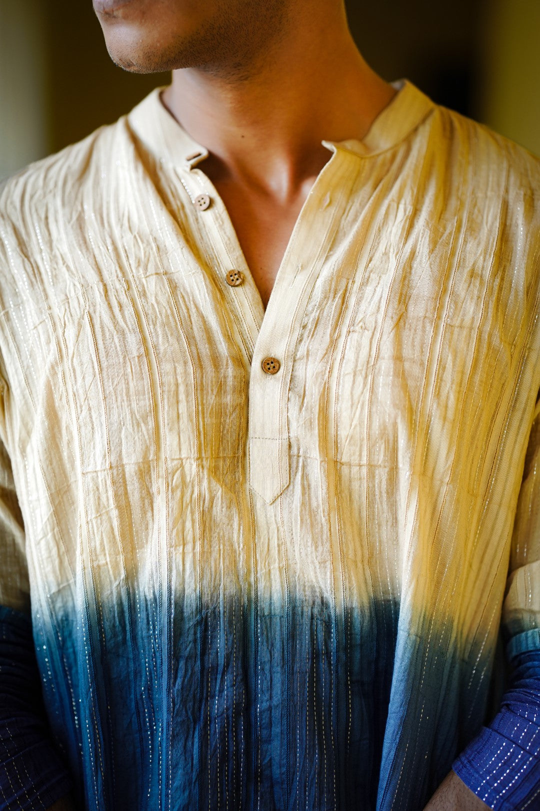Beige & Blue Dyed Full Sleeve Long Kurtha