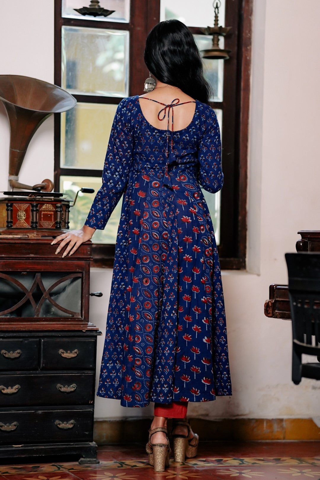 Indigo Base Red Printed Anarkali