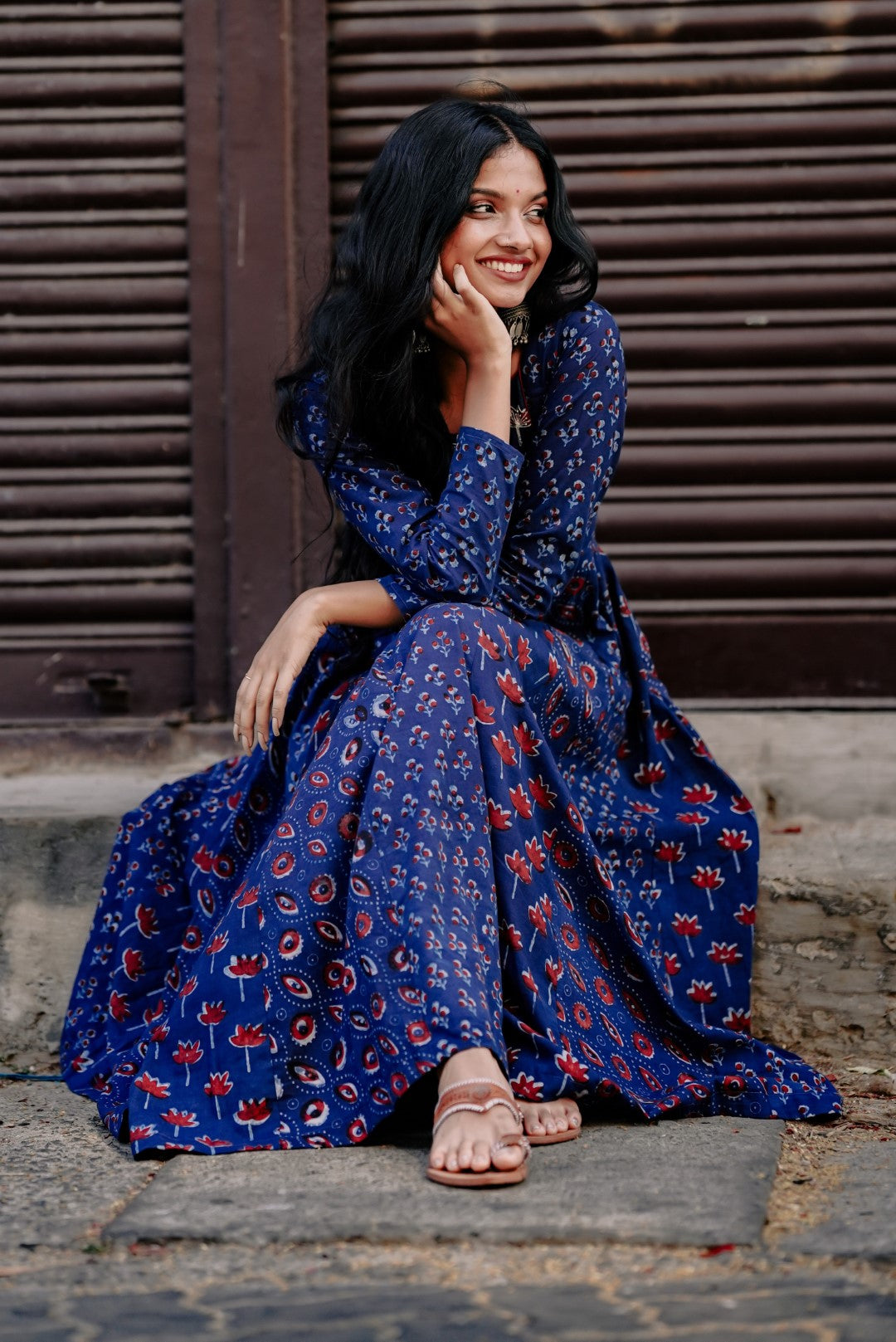Indigo Base Red Printed Anarkali