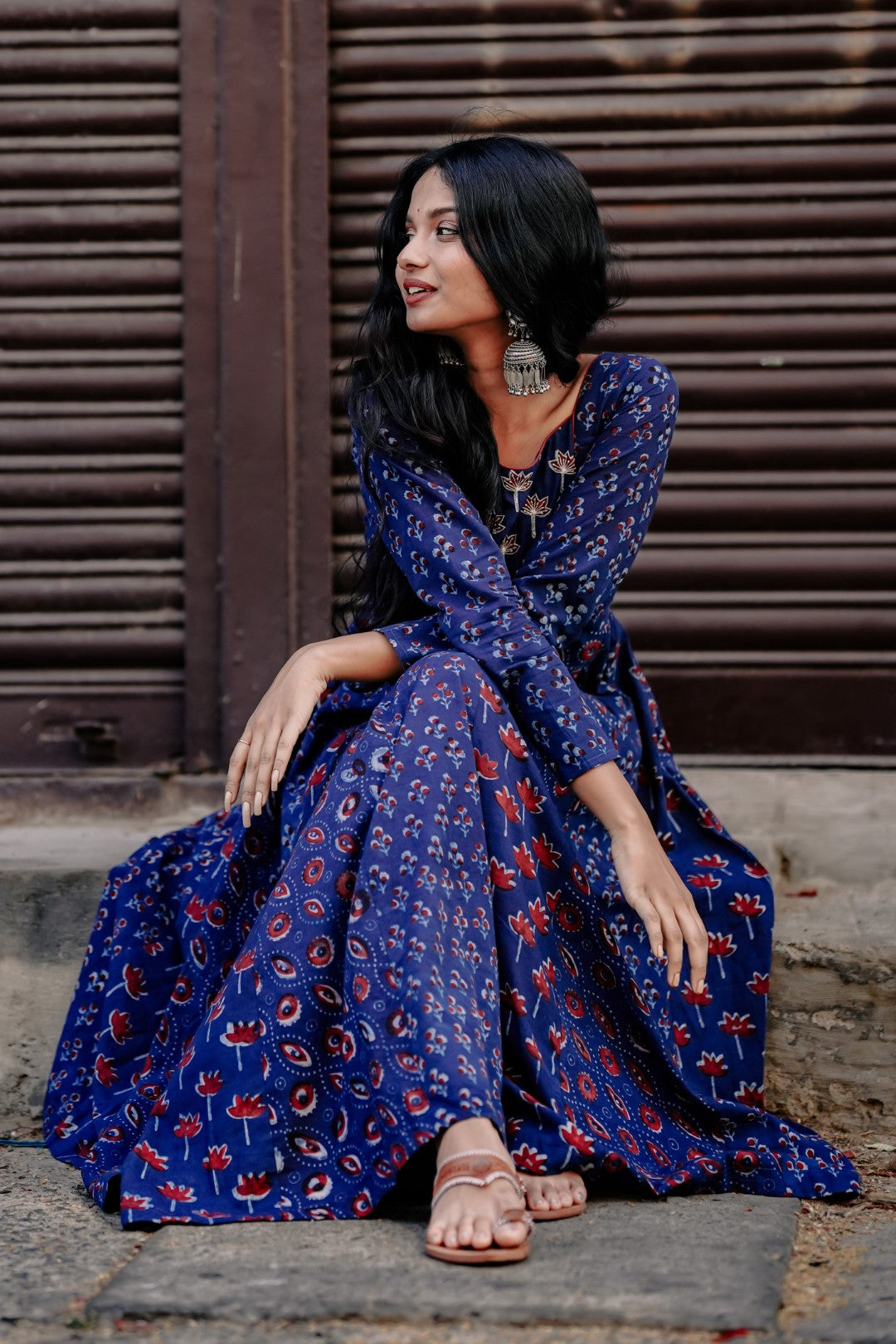 Indigo Base Red Printed Anarkali