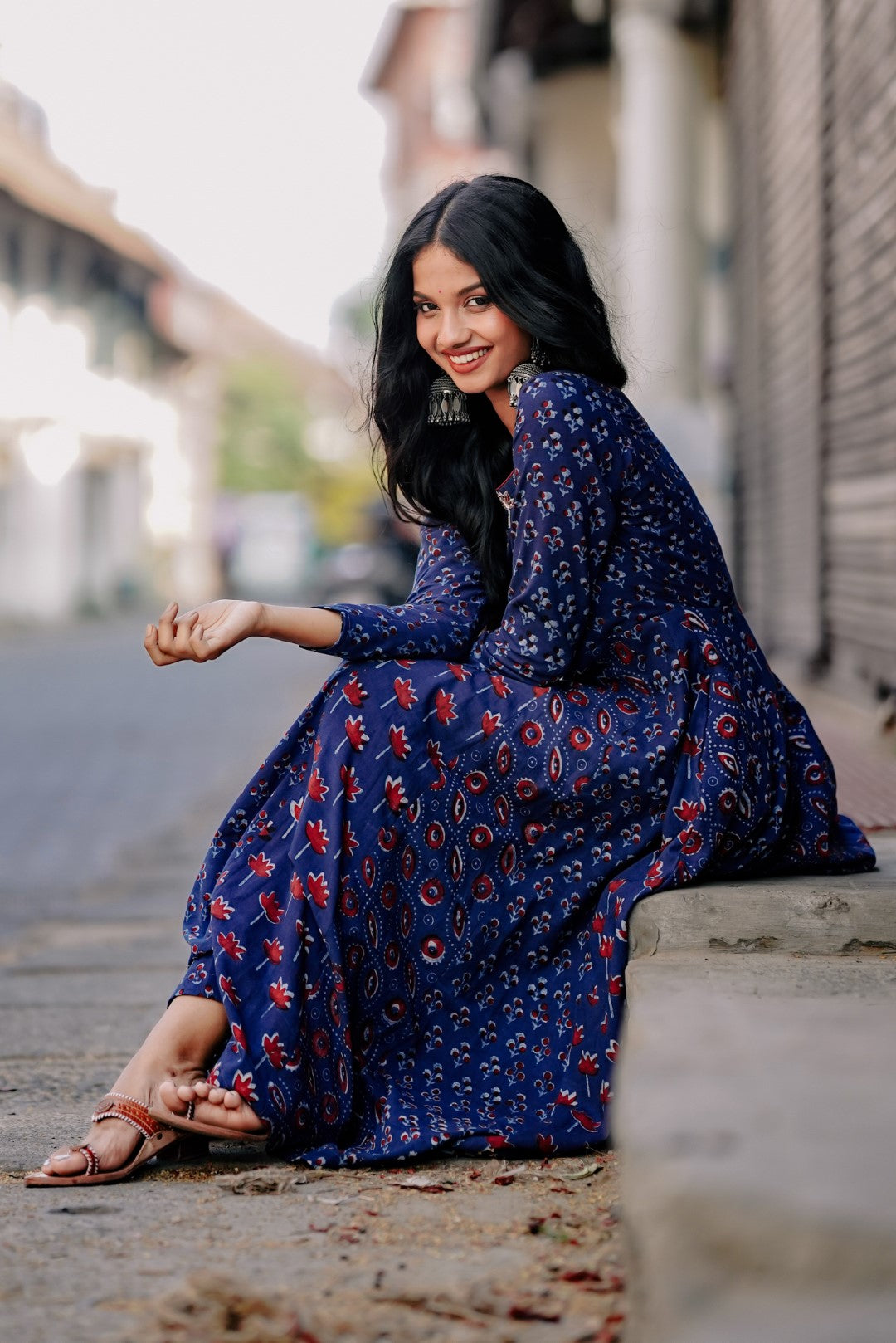 Indigo Base Red Printed Anarkali