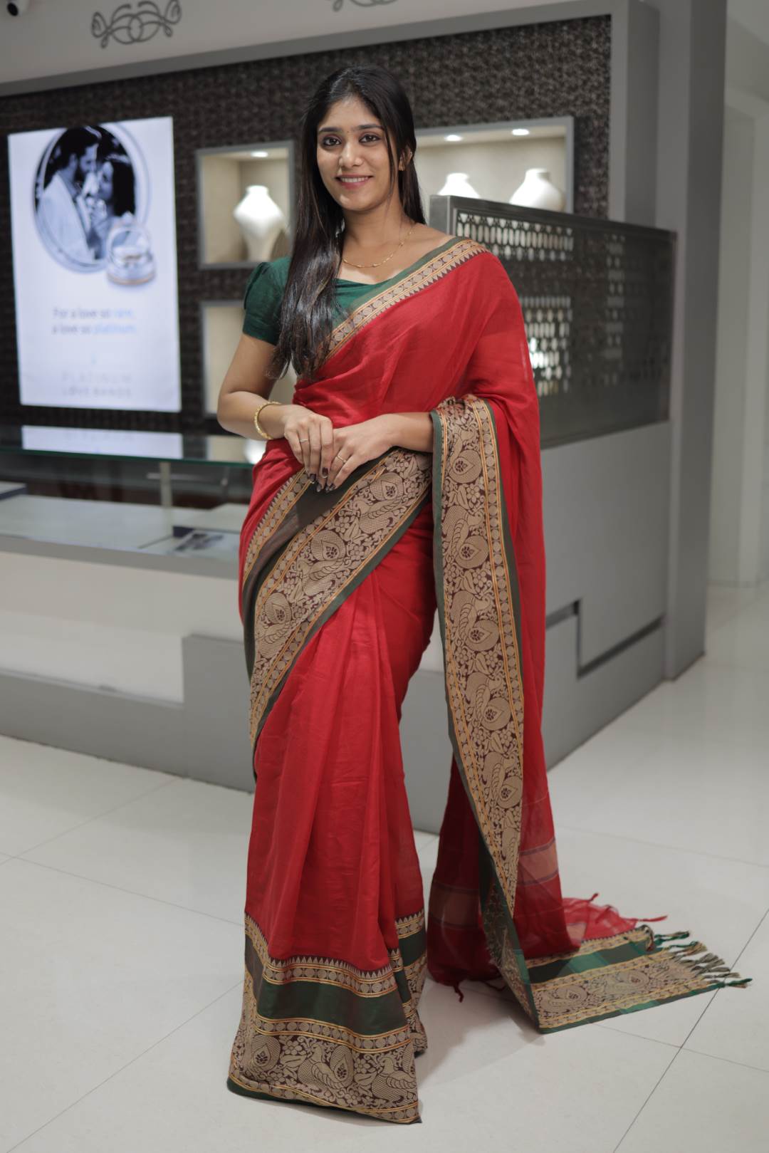 Red Narayanpet Peacock Print Saree