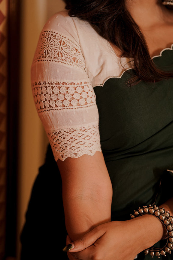 White Dobby Cotton Designer Blouse with Crochet Lace detailing on sleeves