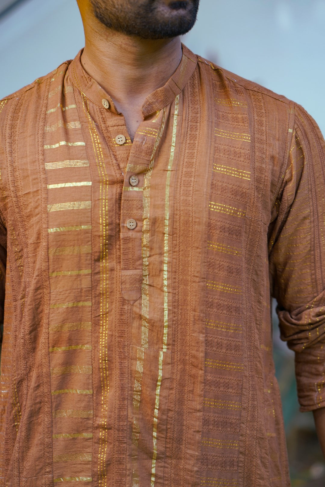 Mocha Mousse Ombre Zari Full Sleeve Long Kurtha
