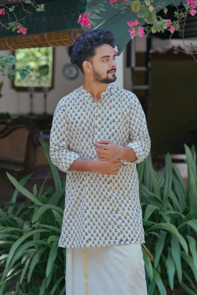 Cream Full Sleeve Long Kurtha with Yellow Floral Print