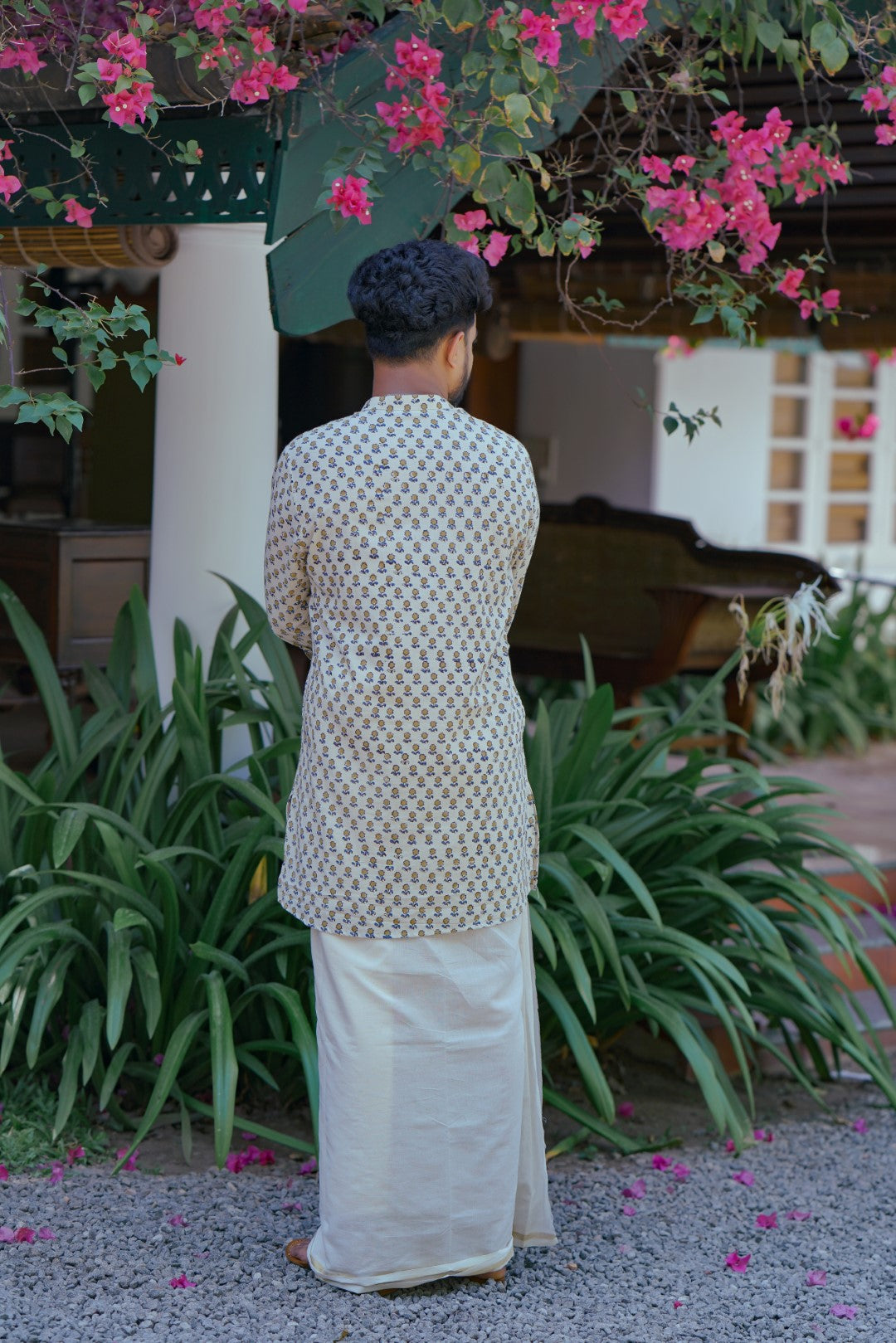 Cream Full Sleeve Long Kurtha with Yellow Floral Print