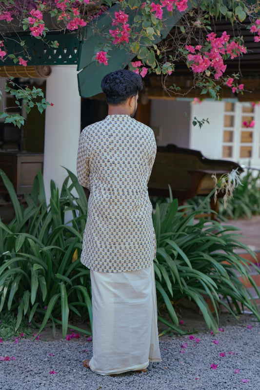Cream Full Sleeve Long Kurtha with Yellow Floral Print