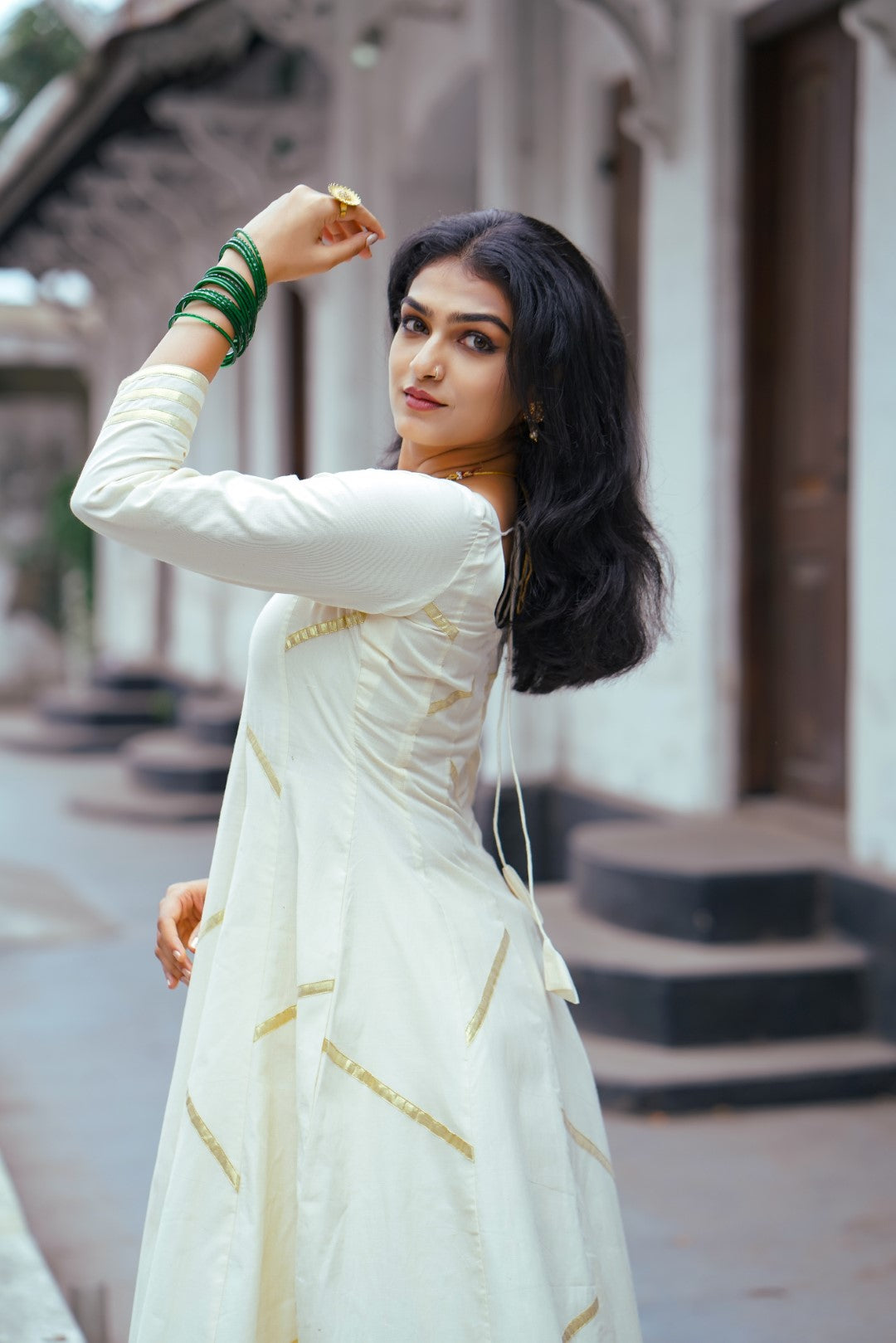 Off White Panel Anarkali with Asymmetrical Zig Zag Kasavu