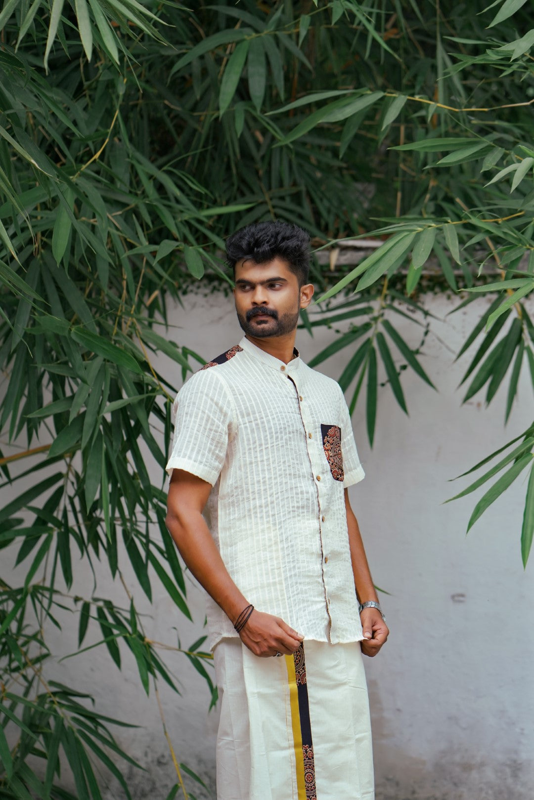 White Chinese Collar Half Sleeve Shirt
