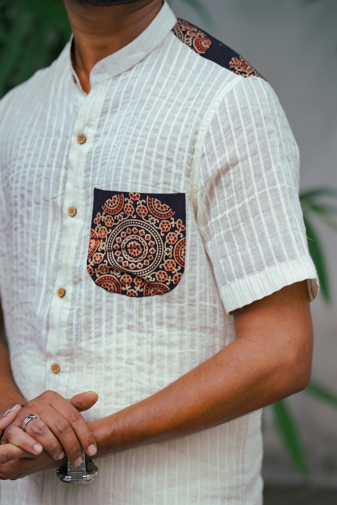White Chinese Collar Half Sleeve Shirt
