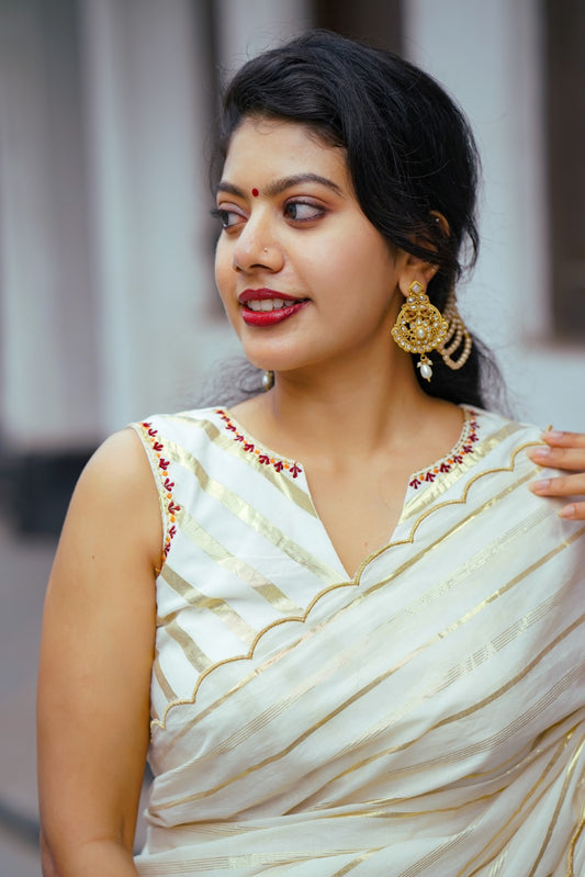 Off white Striped Zari Sleevless Blouse