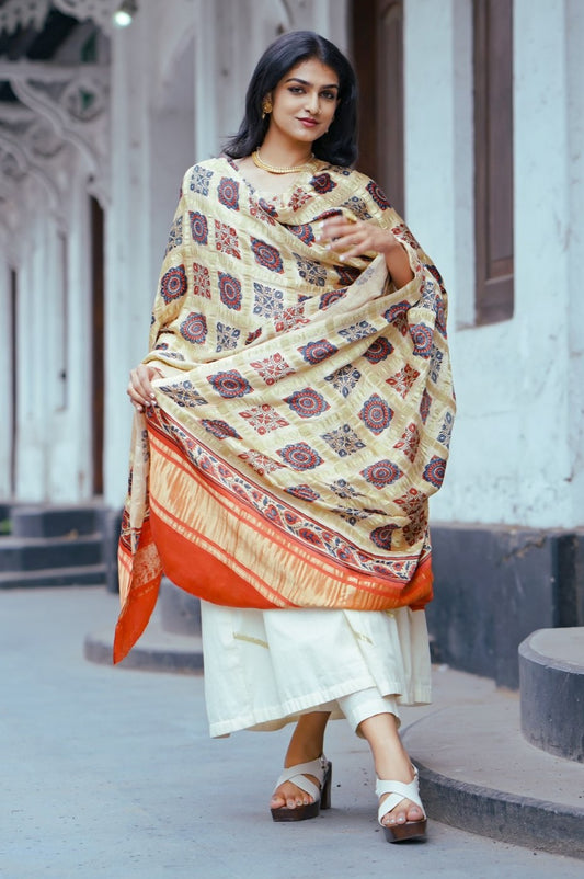 Beige & Red Base Floral Dupatta