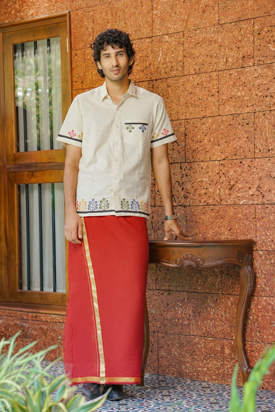 Red Dyed Gold & Silver Mundu