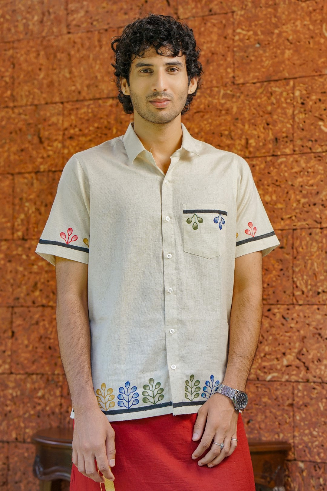 Multi Colour Leaf Handpainted Half Sleeve Shirt