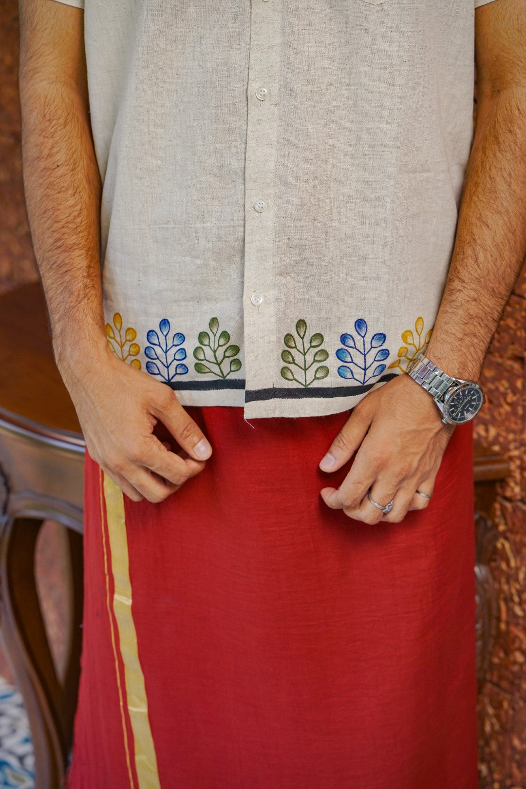 Multi Colour Leaf Handpainted Half Sleeve Shirt