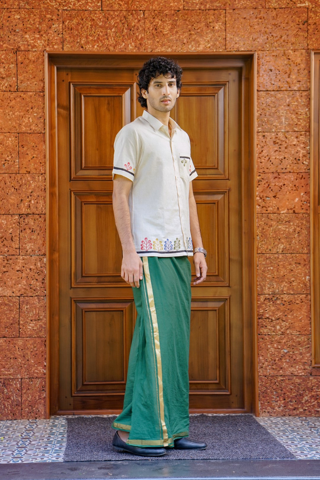 Multi Colour Leaf Handpainted Half Sleeve Shirt